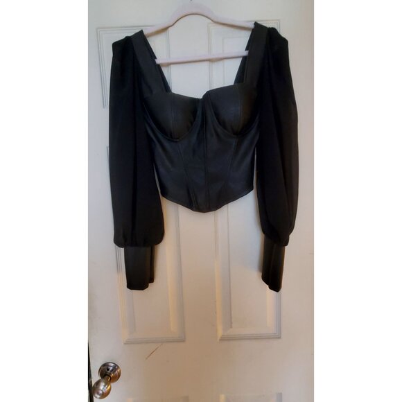 Black Long Sleeve Faux Leather Corset Bustier Sheer Sleeves Milkmade Goth Small - Picture 4 of 12